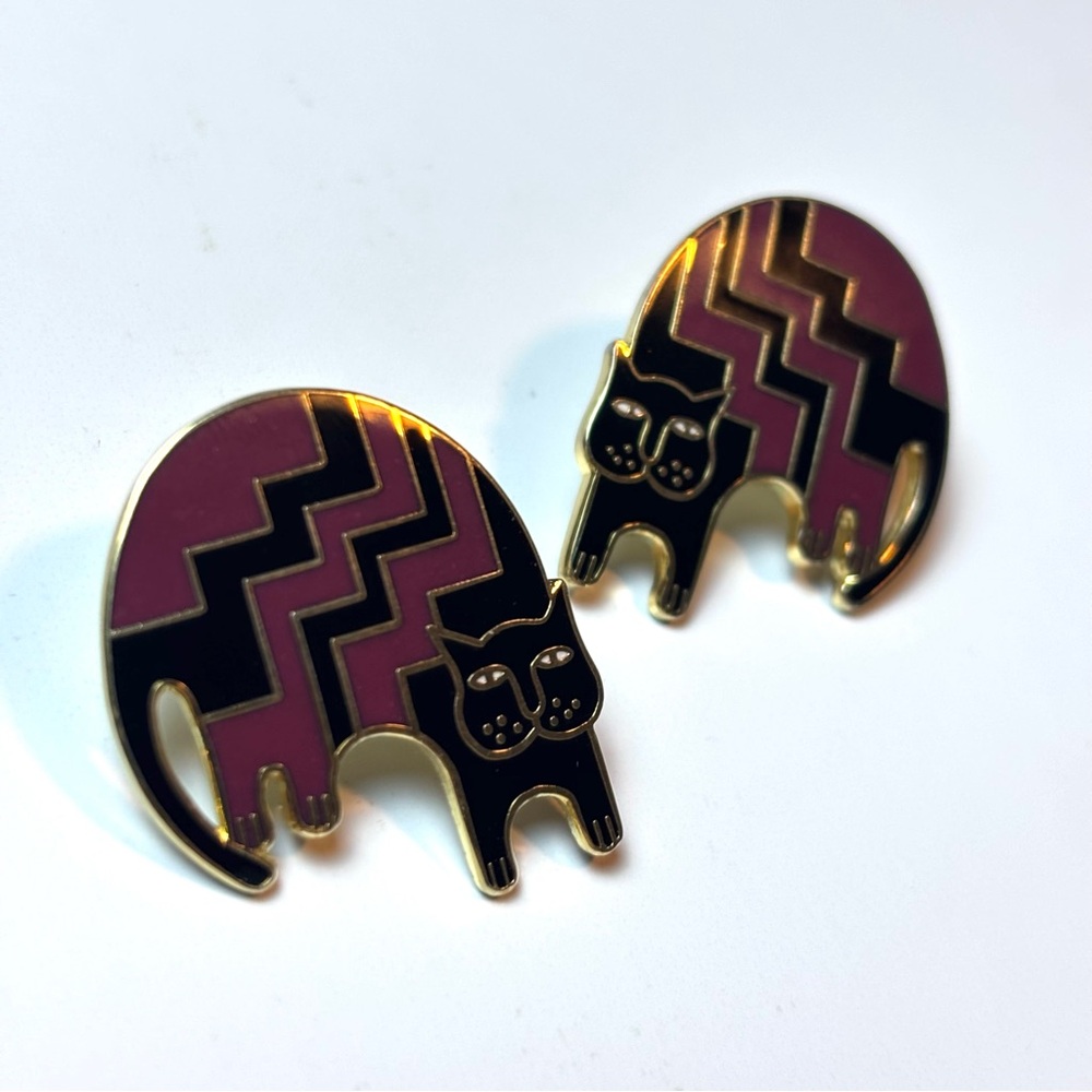 Vintage Laurel Burch Aztec Cat Studs Enamel Cloisonné Black Purple Cat Earrings